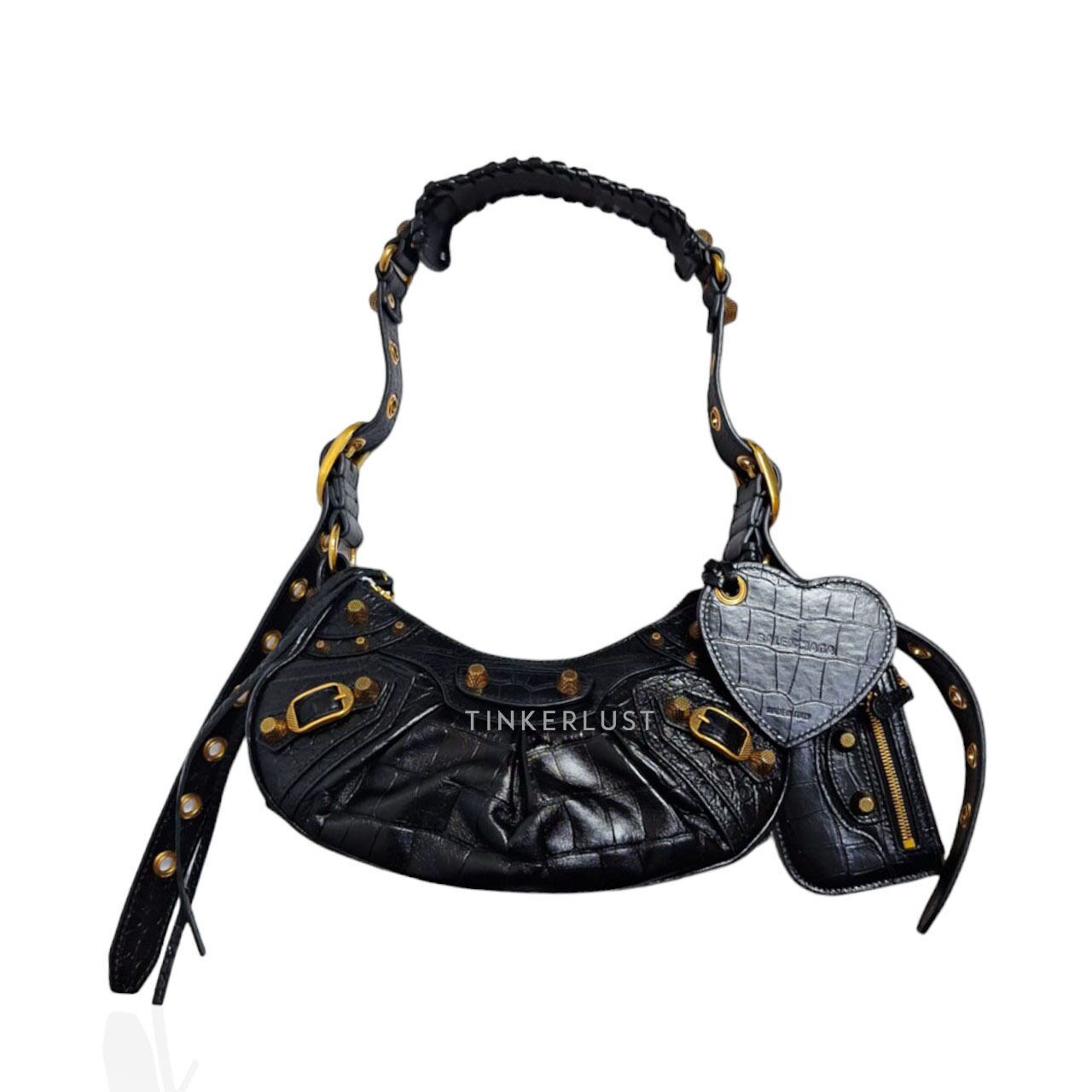 【BALENCIAGA】Le Cagole XS ブラック クロコダイル ミニバッグ Balenciaga Le Cagole Xs Black Crocodile Effect Mini Bag With